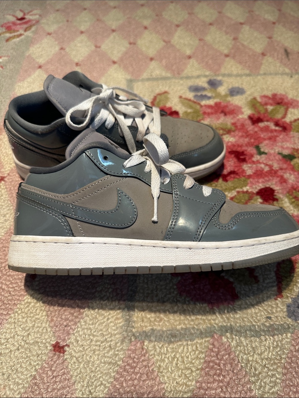 Boys Air Jordan’s Low-Top Sneakers in Slate Gray Patten leather.